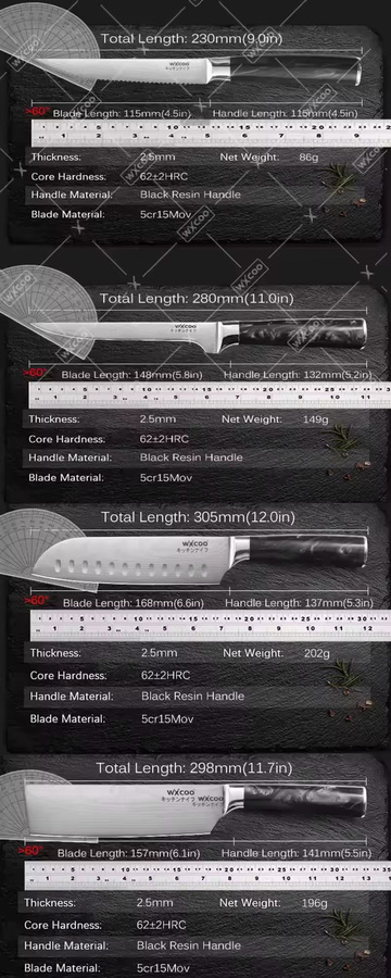 WXCOO Damaszener Santoku Küchenmesser Set mit Akazienholz-Schneidebrett in Silber - Bild 3