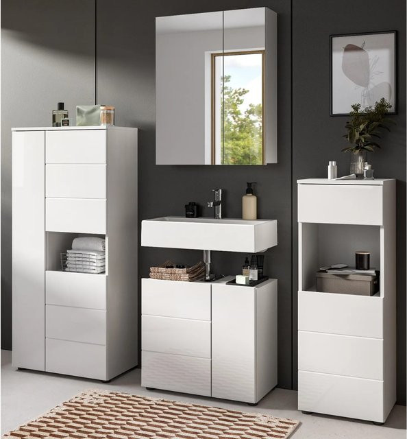 Inn.Furn Badmöbel Set Larik in Weiß Hochglanz, 4-teilig mit Spiegelschrank, Midischrank, Kommode und Waschbeckenunterschrank, B/H: 188 x 190 cm - Bild 1