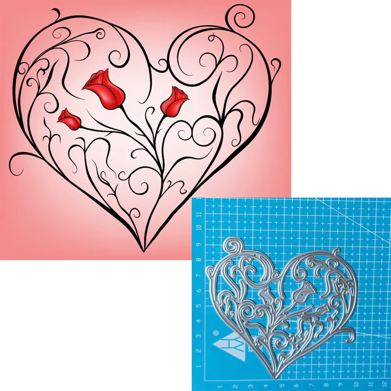 Metall Stanzformen mit Herz, Rose, Blume und Schmetterling in Silber für DIY Scrapbooking und dekorative Prägung - Bild 2