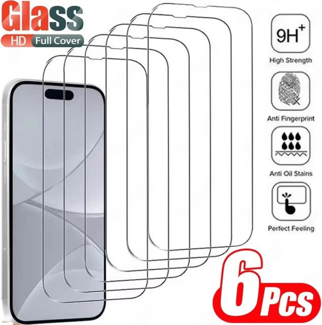 6 Stück Displayschutzfolie aus gehärtetem Glas für Apple iPhone 17 16 15 14 13 12 11 Pro Max Air 16e SE X XS XR in Transparent - Bild 1