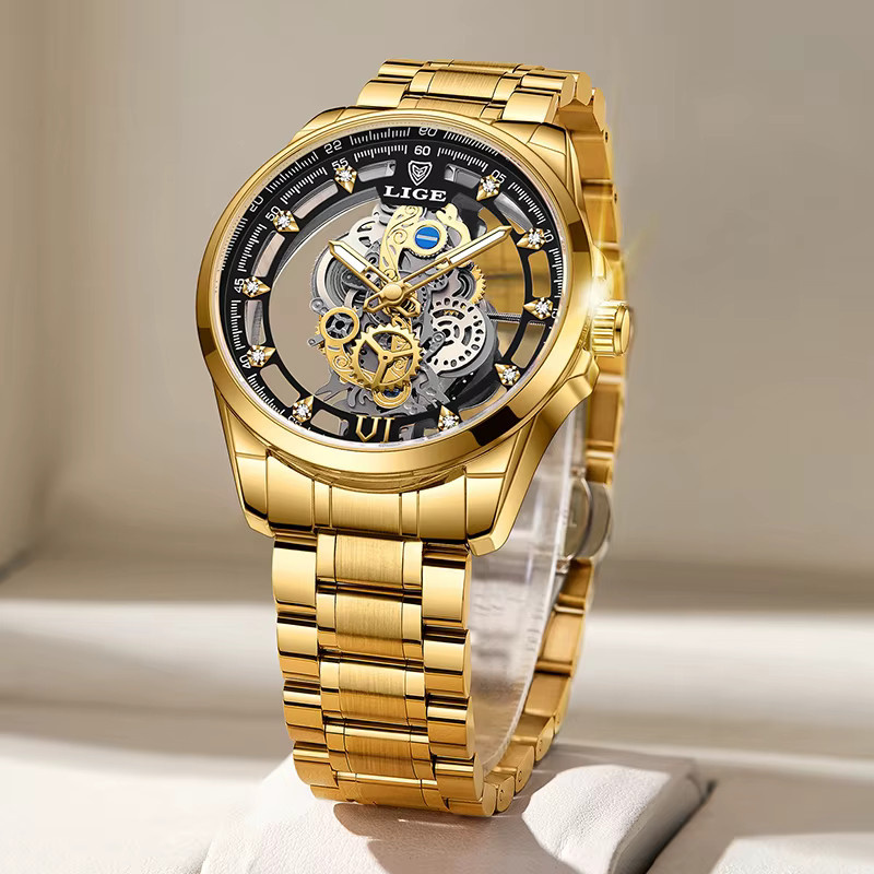LIGE Armbanduhr Skeleton, Quarz, Gold, Leder, Herren - Bild 2