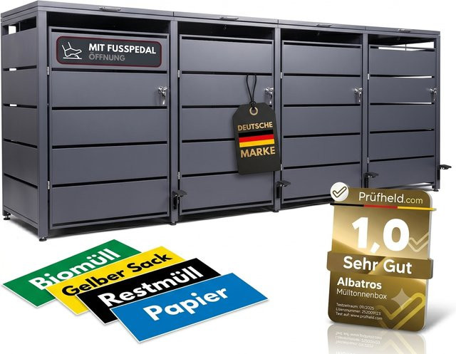 Mülltonnenbox 4er mit Pedal für 120L bis 240L Tonnen aus verzinktem Stahl, Anthrazit Grau RAL7016, abschließbar und wetterfest, inklusive Aufkleber Set - Bild 1