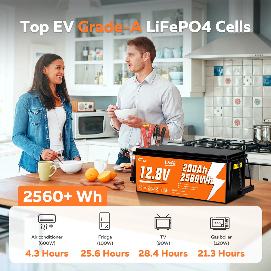 CTOLITY CT200-12 LiFePO4-Batterie 12,8 V 200 Ah 2560 Wh in Schwarz mit integriertem 200 A BMS für Solargeneratoren und Wohnmobile - Bild 3