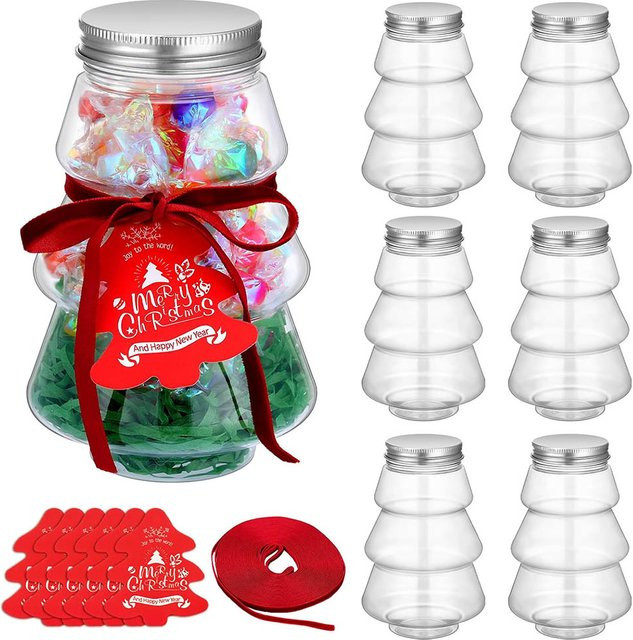 6er Set Weihnachtsbaum-Süßigkeitsgläser aus transparentem Kunststoff mit Deckel und Bandkarte für Weihnachtsgeschenke und Tischdekoration - Bild 1