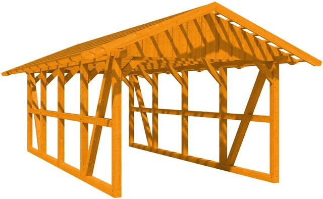 Skan Holz Carport Schwarzwald mit Satteldach und Dachlattung aus Fichtenholz in Eiche Hell, Breite: 772 cm, Tiefe: 424 cm - Bild 1