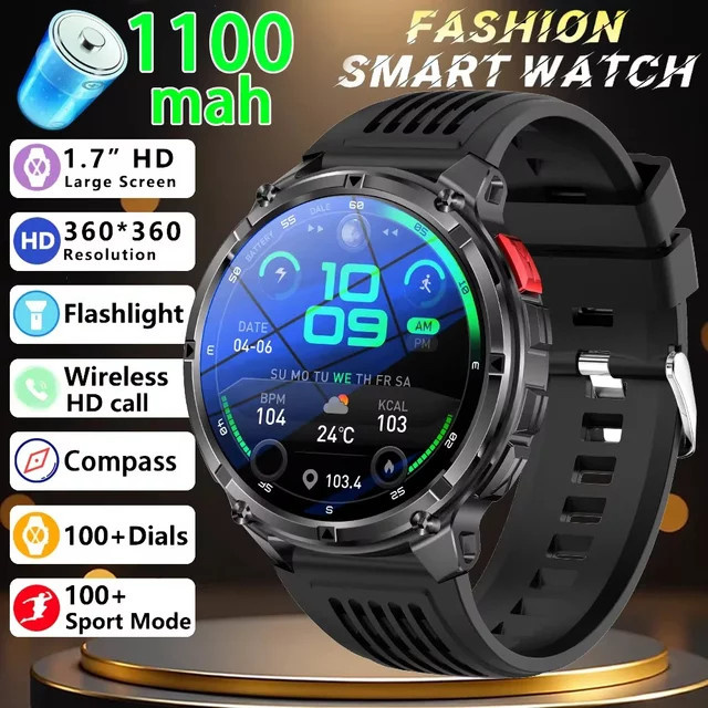 LIGE Smartwatch für Männer in Schwarz mit integrierter Taschenlampe, Bluetooth-Anruffunktion, Herzfrequenzmessung, Kompass und IP68 Wasserdichtigkeit sowie 1100 mAh Akku - Bild 1