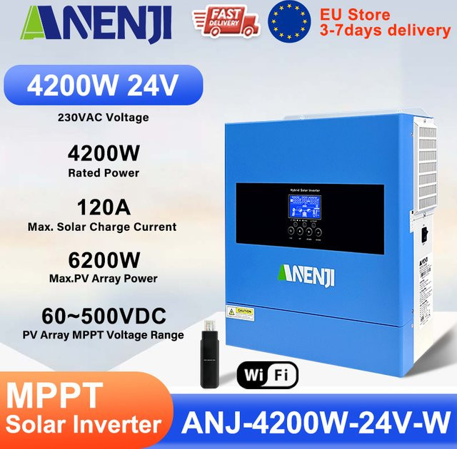 ANENJI Solar-Hybrid-Wechselrichter 4200kW 24V mit 100A MPPT Solarladeregler On/Off-Grid in Blau - Bild 1