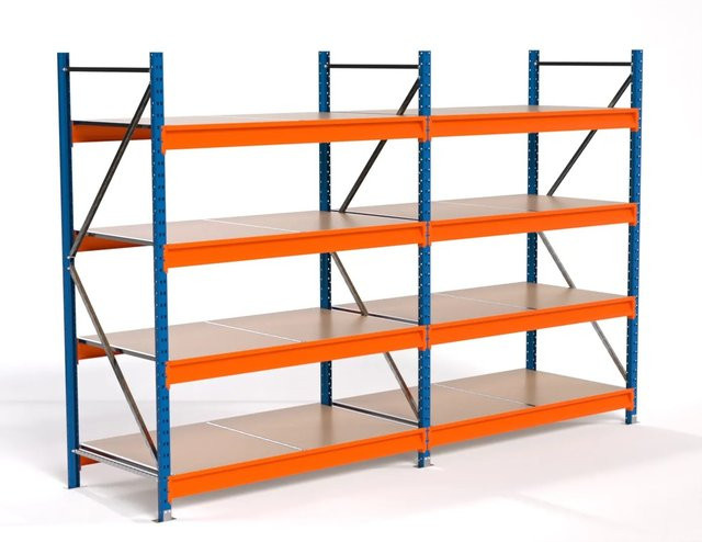 PROREGAL Industrie Weitspannregal MAXIMUS PRO Lagerregal mit 2 Feldern und 4 Spanplatten-Fachböden, Blau/Orange, H x B x T: 200 x 300 x 80 cm - Bild 1
