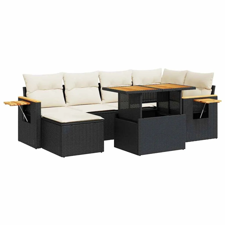 vidaXL 7-teilige Garten-Sofagarnitur in L-Form aus Poly-Rattan und Akazienholz mit Kissen in Schwarz und Cremeweiß - Bild 2