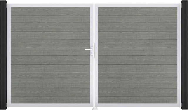 GroJa Tor Basicline Schmal 2-flügelig Grey Ash Cut EV1 DIN Links mit Sichtschutz, Breite: 306 cm, Höhe: 180 cm - Bild 1