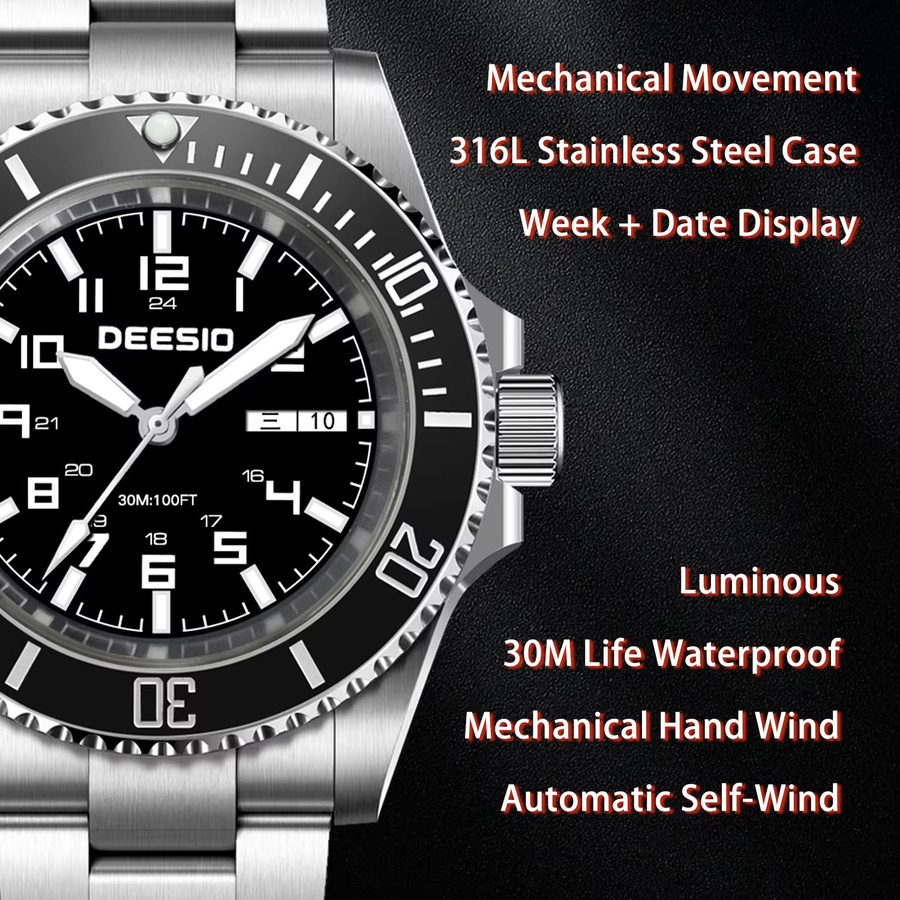 Deesio Automatik-Armbanduhr, Edelstahl, Saphirglas, Herren, Schwarz - Bild 3