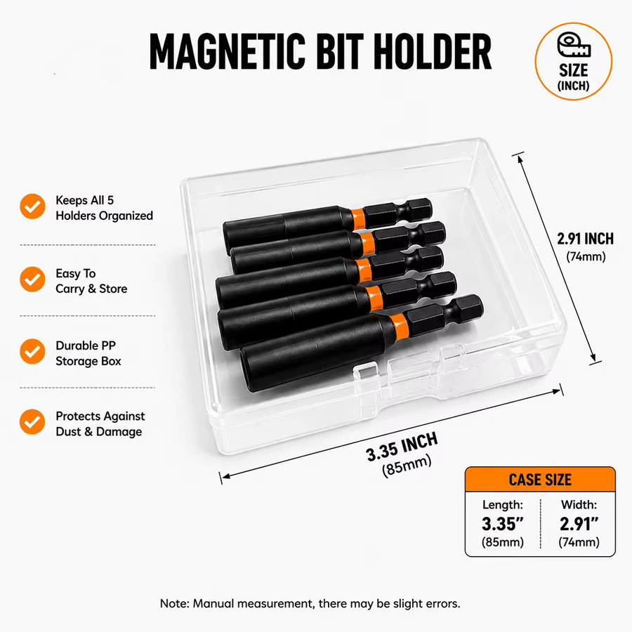 5 Stück Magnetische Bithalter aus S2 Stahl in Schwarz, 60 mm Länge, 1/4 Zoll Sechskantschaft Bit-Verlängerung für Schlagschrauber und Bohrmaschinen - Bild 2