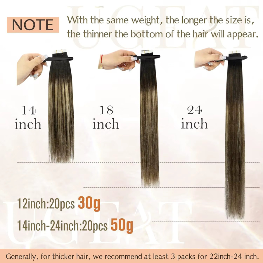 Ugeat Tape-in Haarverlängerungen Echthaar, Balayage, Glatt, 12-14 Zoll, Damen - Bild 5