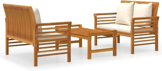 vidaXL 3-tlg Garten-Lounge-Set Modell 10 aus geöltem Akazienmassivholz mit Kissen in Braun und Weiß - Bild 1