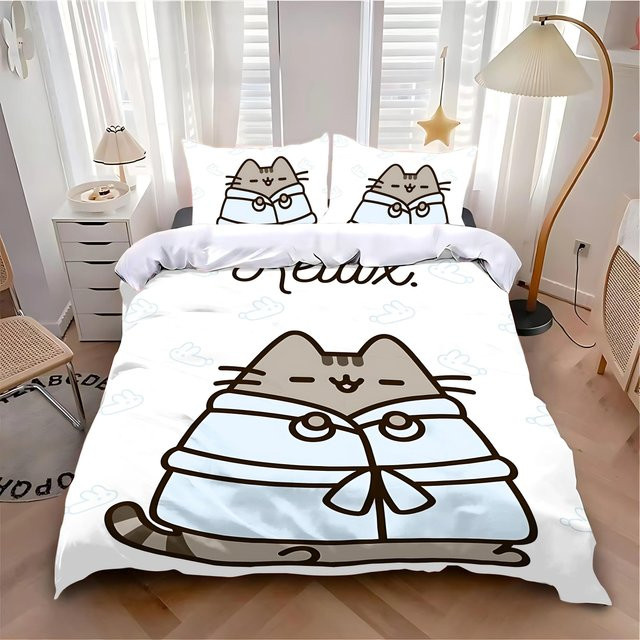 MINISO Bettwäsche-Set mit Katzen-Cartoon-Motiv, 3-teilig, Weiß, B/H: 264 x 228 cm - Bild 1