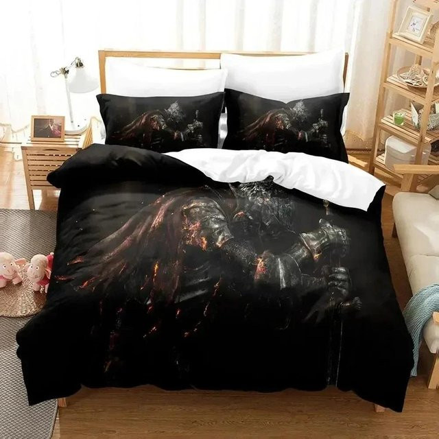 Dark Souls Bettwäsche-Set mit 3D-Druck, Schwarz, aus Polyester, bestehend aus Bettbezug und Kissenbezug, Breite: 133 cm - Bild 1