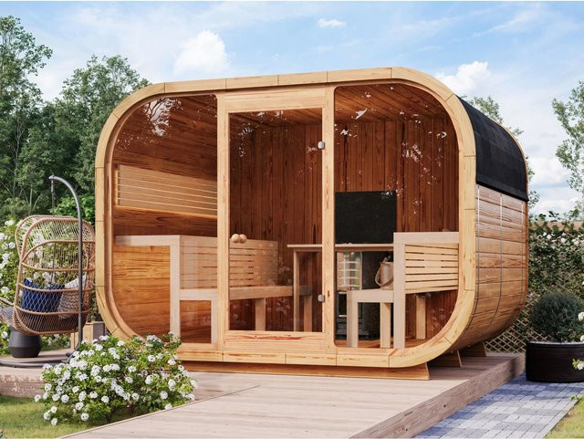 Fjordholz Fass-Sauna Modell Luxe-3 Premium in Braun aus Thermoholz und Espenholz mit Bitumenschindeln und Glas, B/T/H: 312 x 120 x 120 cm - Bild 1