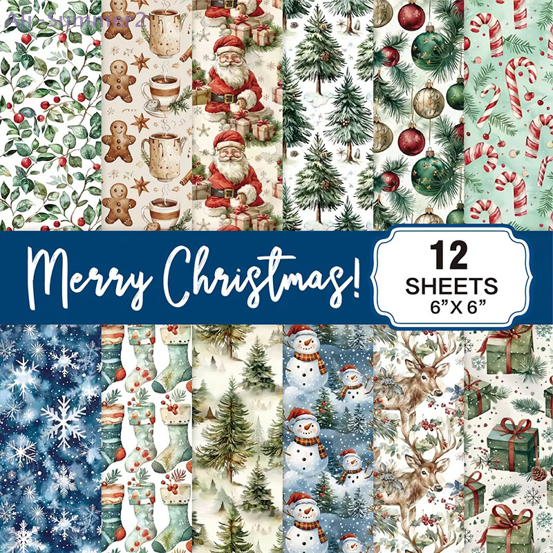 Weihnachts-Scrapbook-Papierblock mit 12 Blättern, 6 x 6 cm, glitzernde Konfetti-Schneeflocken, einseitig bedruckter Karton, 160 g/m2, säurefrei, mehrfarbig - Bild 3