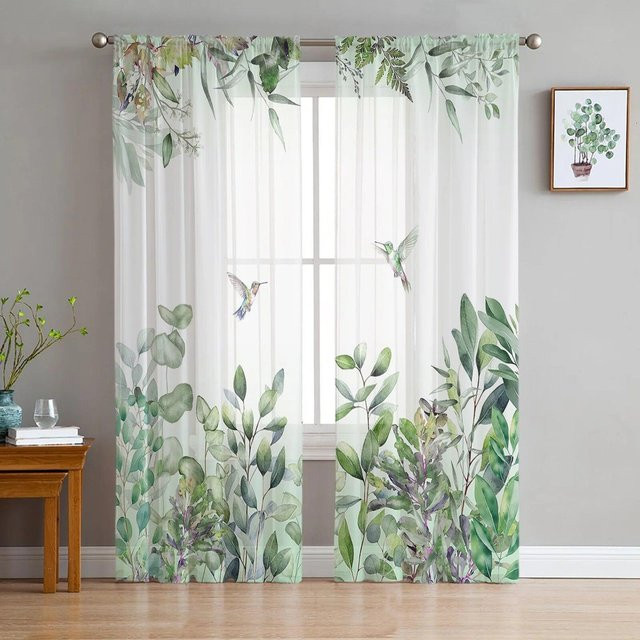 A Family Of Home Textiles Transparent Voile-Vorhang mit Aquarell-Pflanzenblättern und Kolibri in Grün, Breite: 135 cm, Höhe: 183 cm - Bild 1