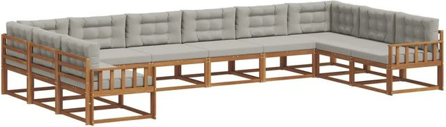 vidaXL Outdoor-Sofagarnitur aus massivem Akazienholz mit Kissen, 10-teiliges Set, Natur und Hellgrau - Bild 1