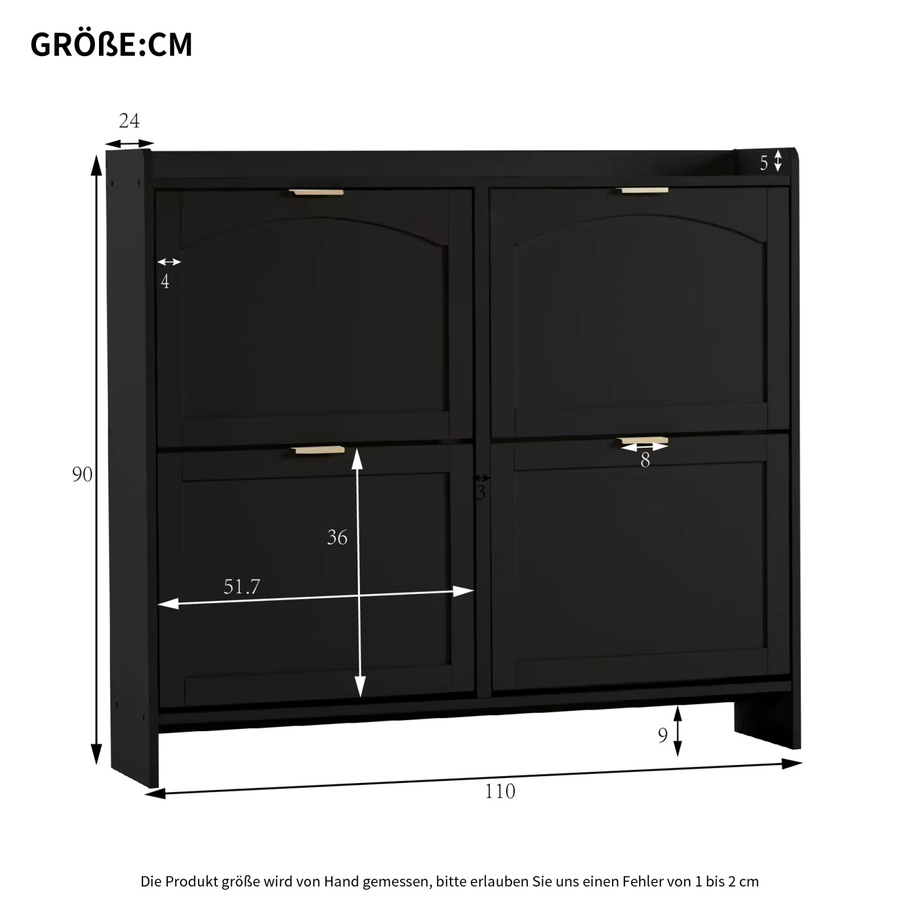 Anajqaqia Moderner Schuhschrank in Schwarz mit 4 Klappenfächern und offenen Regalen, B/T/H: 110 x 24 x 90 cm - Bild 1