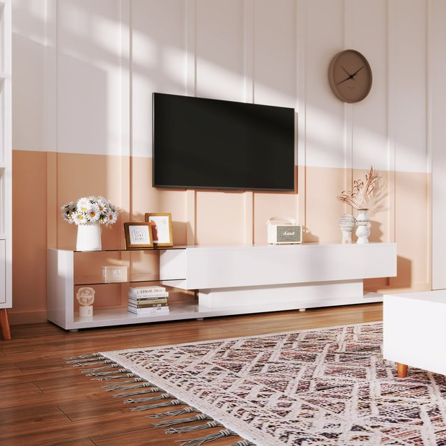 Moderner TV-Schrank von Aosom in Weiss und Schwarz mit LED-Beleuchtung und Glasregalen, Breite: 170 cm, Tiefe: 36 cm, Höhe: 38 cm - Bild 1