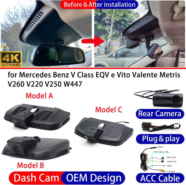 ZhuCamX 4K UHD Dashcam für Mercedes Benz V-Klasse EQV Vito Valente Metris in Schwarz für vorne und hinten - Bild 1