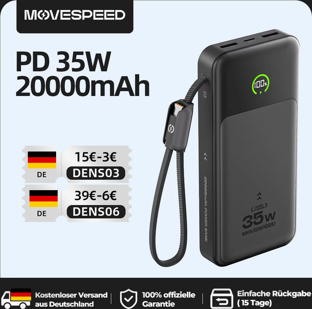 MOVESPEED P20 Powerbank 20000mAh mit PD 35W Schnellladefunktion und LFP-Akku in Schwarz - Bild 1