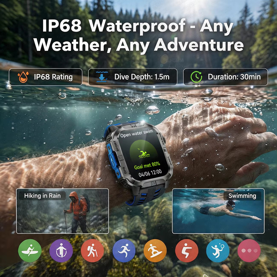 GUHUAVMI Smartwatch, Schwarz, Silikon, Herren, GPS, Herzfrequenz - Bild 3