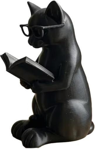 Niedrige 3D-gedruckte Lese-Katzenfigur von Full in Love House in Schwarz mit Brille als dekorative Katzenstatue für dein Bücherregal oder deinen Schreibtisch - Bild 1