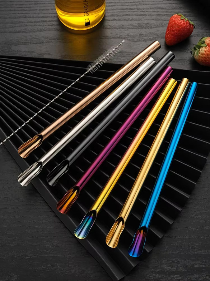 6-teiliges Set JANKNG wiederverwendbare Metall-Trinkhalme aus Edelstahl mit Perlen-Design in Gold und Multicolour inklusive Reinigungsbürste und Smoothie-Rührlöffel - Bild 7