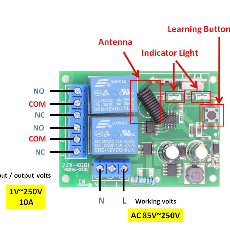 WenQia 433MHz Drahtlose Universal Fernbedienung mit 2-Kanal RF Relais Empfänger und Sender für AC 220V 10A zur Steuerung von Licht, Birnen oder Motoren - Bild 3
