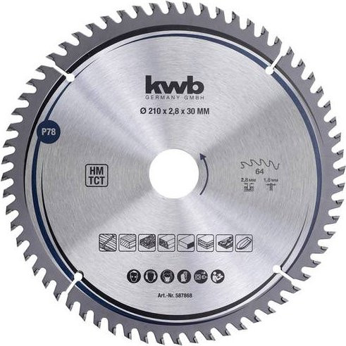 Kwb Hartmetall Kreissägeblatt für Holz und Kunststoff, Farbe: Silber, Durchmesser: 210 mm, Bohrung: 30 mm - Bild 1