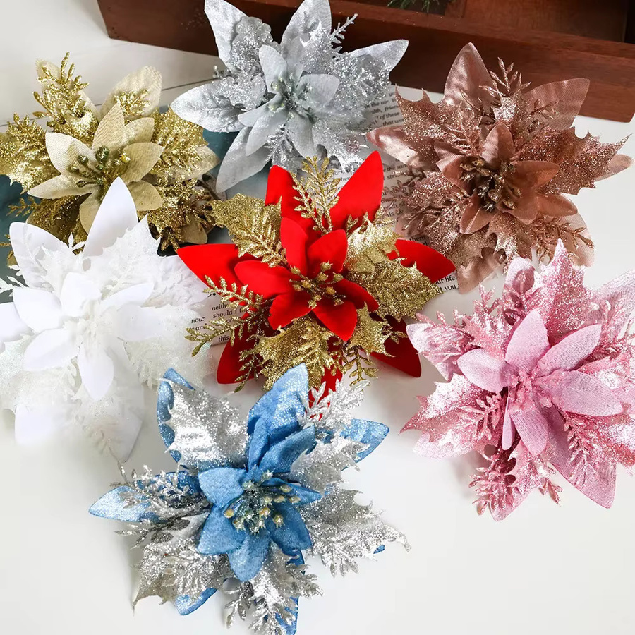 10 Stück glitzernde künstliche Weihnachtsblumen in Silber, Durchmesser: 14 cm, dekorativer Weihnachtsbaumschmuck für deine Heimdekoration - Bild 2
