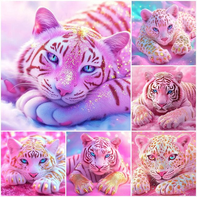 YUTTEE Diamantmalerei Tiger und Leopard in Rosa als Handgemachte Mosaik-Kunst Stickerei für die Wanddekoration B/T/H: 20 x 20 x 20 cm - Bild 1