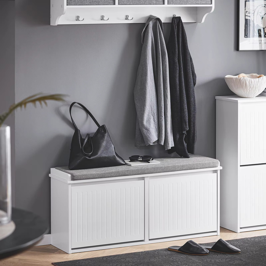 SoBuy Schuhbank FSR98-XL als Schuhkipper und Schuhschrank mit 2 Klappen und Sitzkissen in Weiß, B/T/H: 100 x 46 x 26 cm - Bild 2