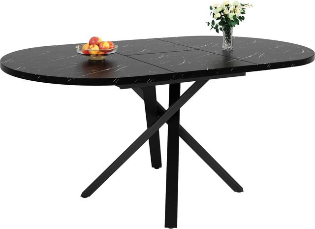 okwish Esstisch rund mit Marmoroptik und robustem X-Metallgestell, ausziehbar, Schwarz, Durchmesser: 100 cm, Höhe: 75,5 cm - Bild 1