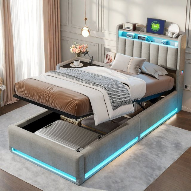 Rosahqnda Polsterbett mit Bettkasten und LED-Beleuchtung, Zweibett mit USB-Ladefunktion und Kopfteil aus Samt, Farbe: Rosa/Grau, B/T/H: 90 x 200 cm - Bild 1