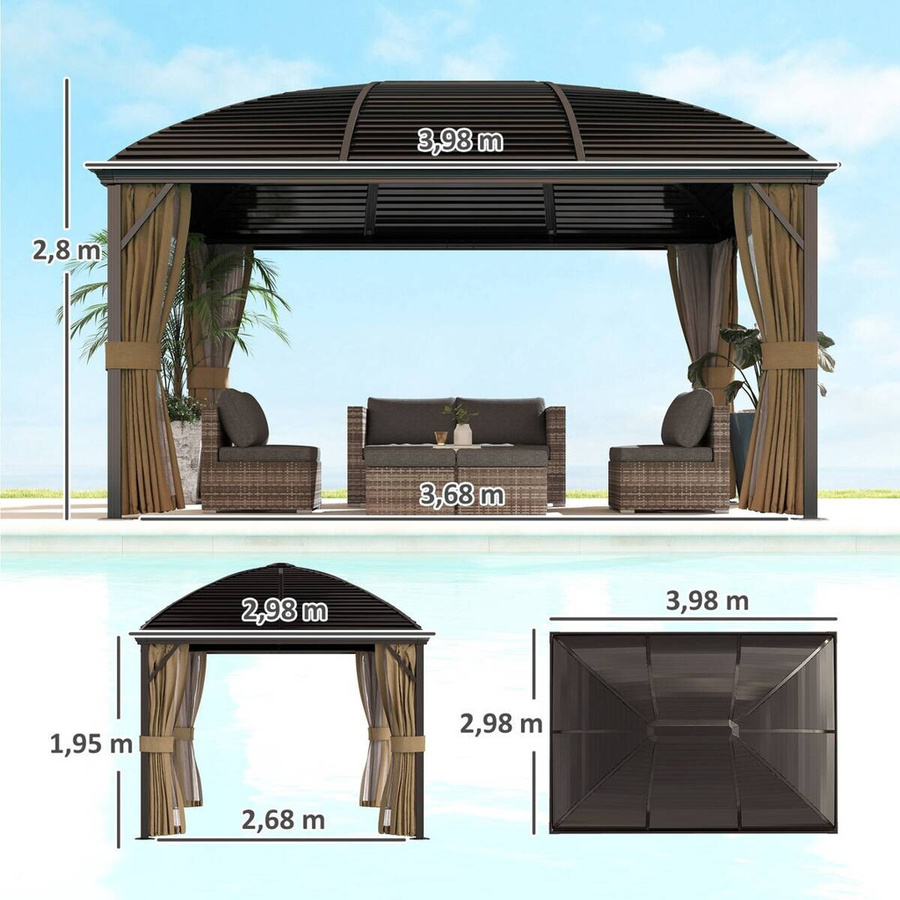 Outsunny Gartenpavillon mit Hardtop aus Aluminium in Braun, wetterfester Pavillon mit Moskitonetz und Seitenteilen, B/T/H: 400 x 300 x 298 cm - Bild 6