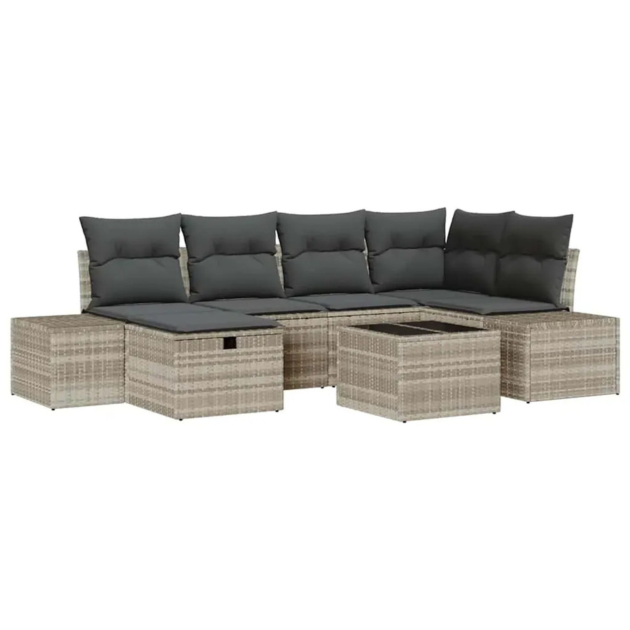vidaXL 7-teiliges Garten-Sofa-Set aus Poly Rattan in Hellgrau mit Kissen und Ottoman für Garten, Balkon oder Terrasse - Bild 2