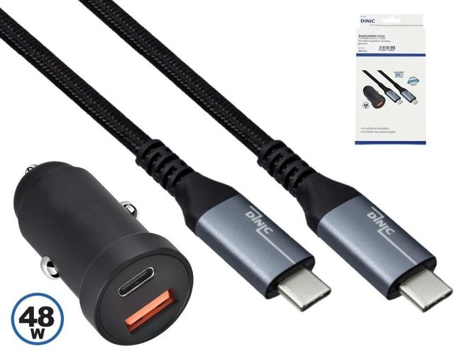 DINIC 48W Autoladegerät mit USB-C und USB-A sowie 1m USB-C auf USB-C Kabel in Schwarz - Bild 1