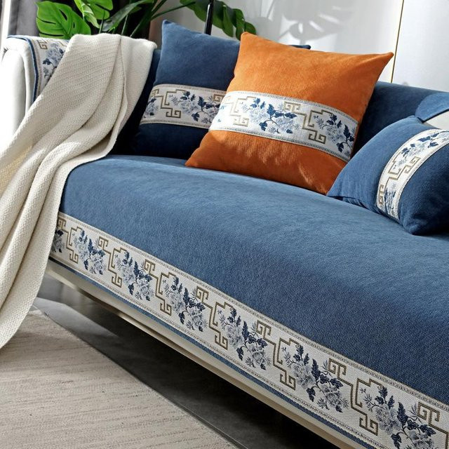 Chenille Sofabezug in Blau, quadratisches Couchkissen mit rutschfester Oberfläche, B/B: 70 x 70 cm - Bild 1