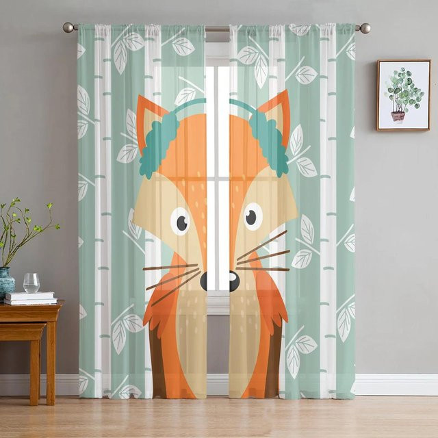 Yiran Furniture Transparentes Voile-Fenstervorhang mit Fuchs- und Blättermuster in Orange und Blau, Breite: 135 cm, Höhe: 115 cm - Bild 1