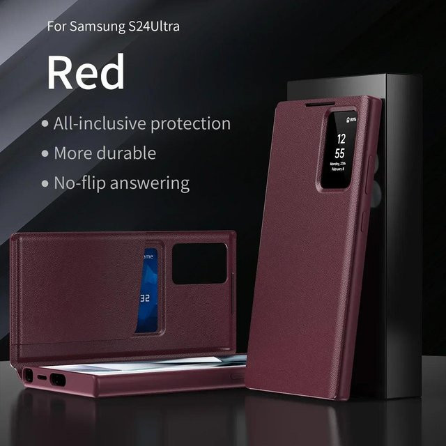 Leder S-View Windows Wallet Flip Case für Samsung Galaxy S25 S24 S23 S22 Ultra Plus S23 FE A56 A55 mit Kartenfach in Rot - Bild 1