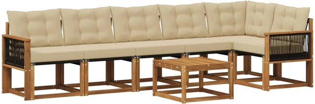 vidaXL Outdoor-Sofagarnitur L-Form aus Akazienholz mit 7 Kissen in Natur und Beige - Bild 1