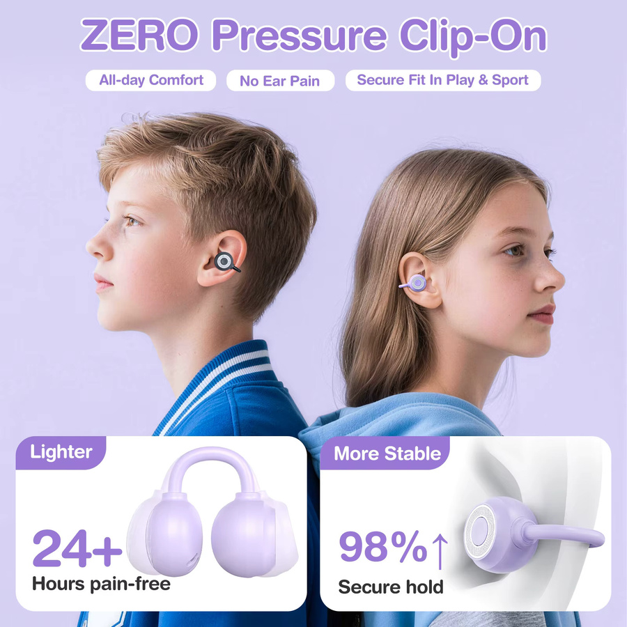 QearFun Bluetooth Ohrclip-Kopfhörer in Lila mit Cartoon-Flip-Design, kabellose HiFi-Ohrhörer mit HD-Anrufen und Smart-Touch für Kinder und Studenten - Bild 2