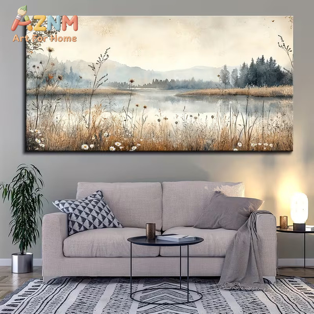 AZNM Vintage Wandkunst Leinwandgemälde mit ländlicher Landschaft in Mehrfarben - Bild 1