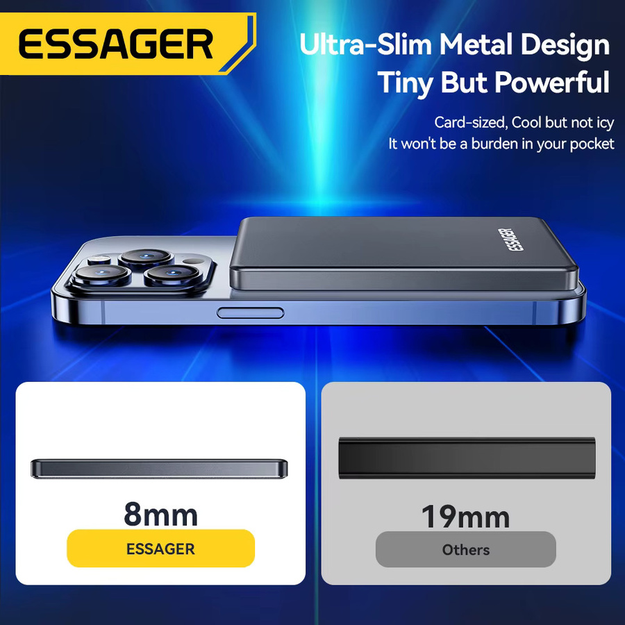 Essager Magnetische Powerbank mit 5000 mAh und 20 W Schnellladung für MagSafe, kabellose externe Akku für iPhone 17 16 15 14 in Schwarz oder Grau - Bild 3