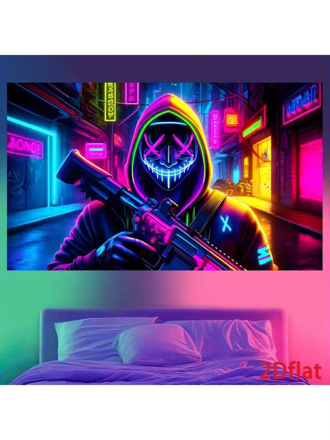 VIKAMA Wandteppich Cyberpunk Straßenszene in Lila und Blau, Neon-Design für E-Sport-Räume, B/H: 60 x 40 cm - Bild 3
