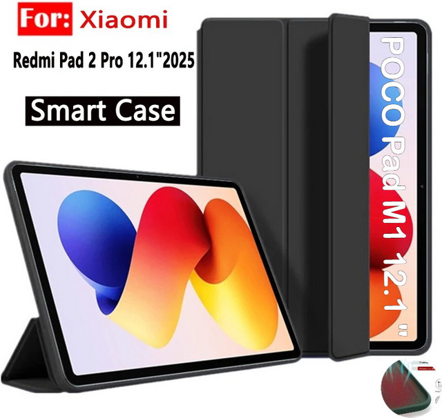 Xiaomi Klapphülle mit PU-Leder und weicher Silikon-Rückseite für POCO Pad M1 und Redmi Pad Pro 12,1 Zoll in Schwarz - Bild 1